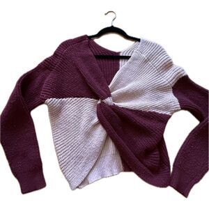 No Boundries Knot Pink Burgundy V Neck Cropped Sweater Youth L